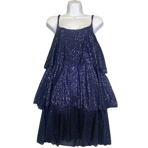Blue Sequin‎ Tiered Ruffle Mini Dress L Indie Sleaze Glitz and Glam Party